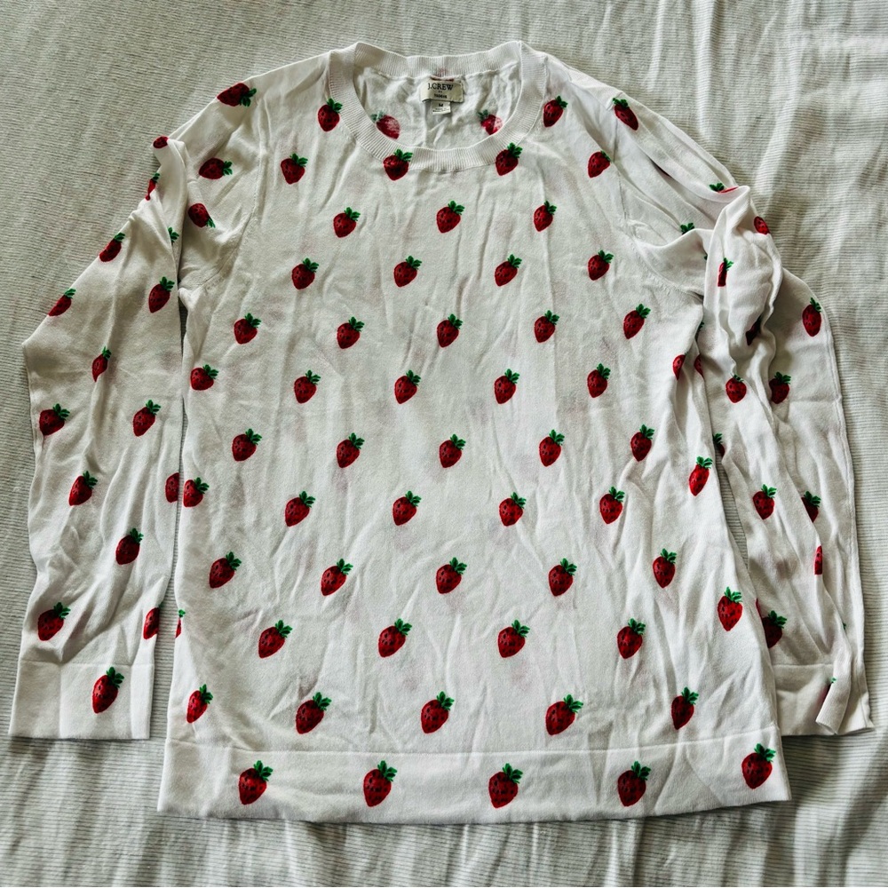 J. Crew White Teddie sweater with Red Strawberry Design